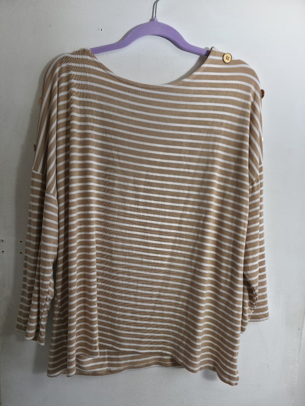 Striped Boatneck Long-Sleeve Top in Beige and White
